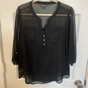 Express Women's Black Blouse With Sheer Sleeves and Button Detail
